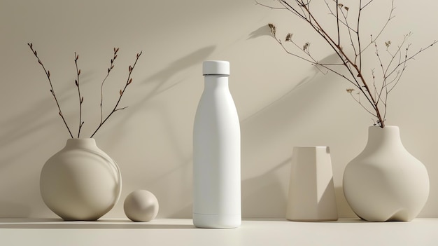 A simple and elegant product photography image of a white water bottle