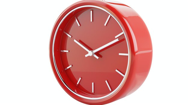 A simple and elegant red alarm clock It has a round face with a silver bezel and white numbers and hands