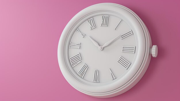 Photo a simple and elegant white clock hangs on a pink wall the clock has a round face with roman numerals and a white dial