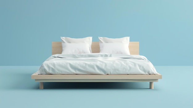 Photo simple and elegant wooden bed frame with white bedding against a blue background the bed is made of natural wood and has a clean modern design