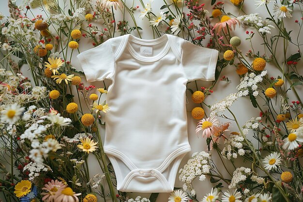 白い赤ちゃんのボディスーツに 野生の花が囲まれて 木製のテーブルの上に 赤ちゃんのスーツとスペースが置かれています