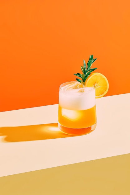 간단한 일상적인 개념 얼음이 들어있는 잔에 있는 이국적인 상쾌한 음료 두꺼운 거품과 장식 식물 장식 잔의 가장자리에 있는 레몬 조각 따뜻한 내부 색과 날카로운 그림자