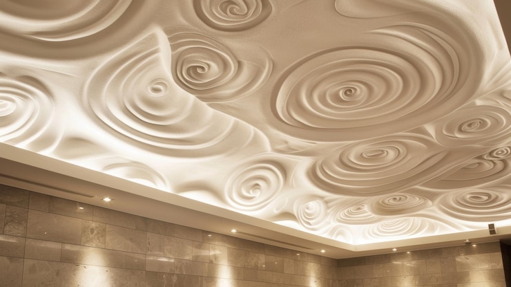 Photo a simple yet eyecatching design with irregular swirls and waves etched into the ceiling for a playful touch