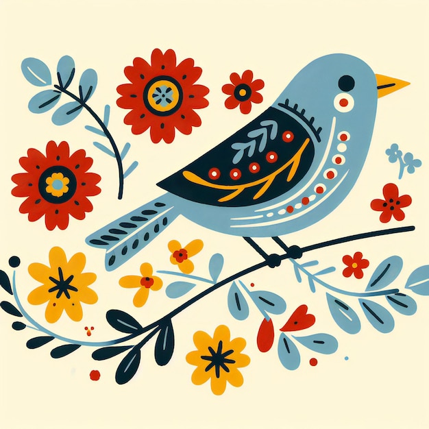 Simple folkstyle illustration of a bluebird with red and yellow flowers Generative ai