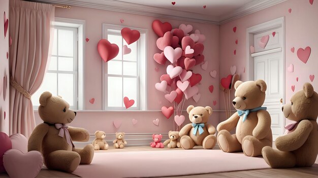 A simple frame surrounded by an array of hearts and teddy bears