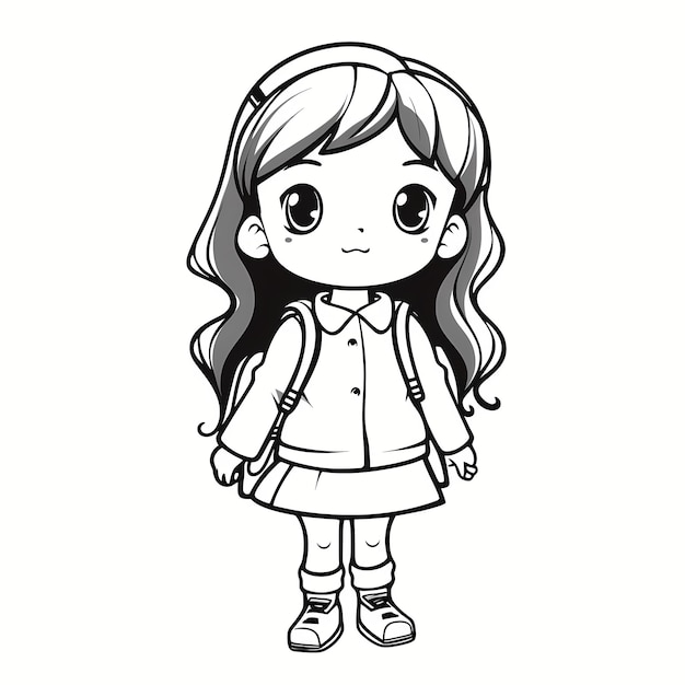 Photo simple and fun flat vector coloring page of a school girl for children