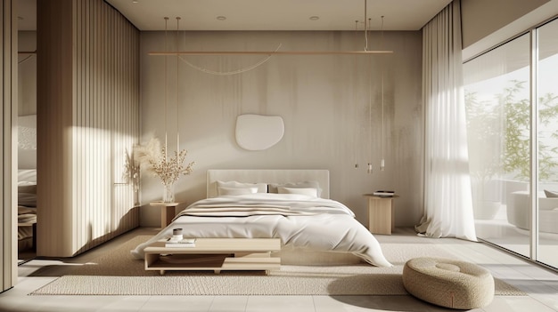 写真 シンプルな家具はミニマリストの寝室のインテリアでやかなシンプルさの感覚を呼び起こします generative ai