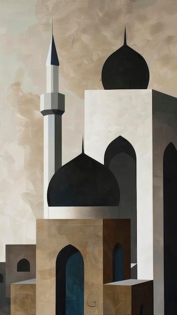 Simple geometric landscape painting with mosque