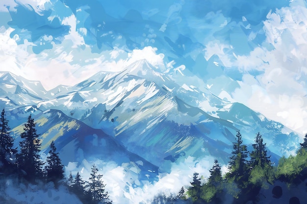 Simple gouache style mountain landscape white and blue sky