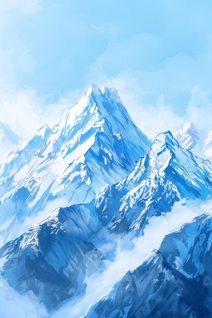 Photo simple gouache style mountain landscape white and blue sky