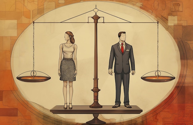 a simple graphic showing a woman and a man standing on two sides of a scale An image showing equali