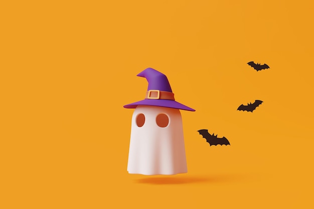 Simple halloween cartoon ghost wearing witch hat with bats on orange background 3D render