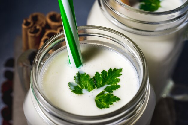 simple homemade kefir in a glass with spices and herbs