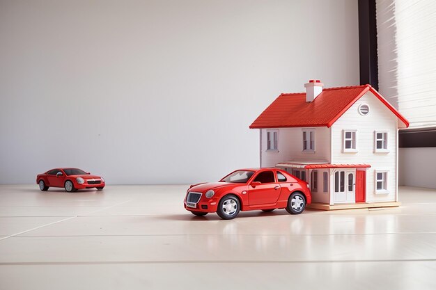 Photo simple house near red toy car on white floor in property investment concept