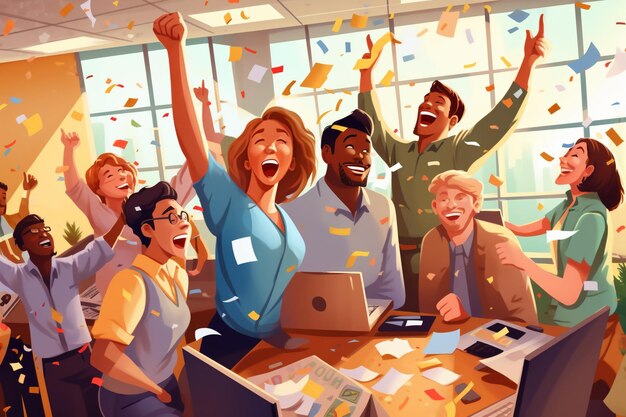 Simple illustration of business people celebrating success in an office AI generative