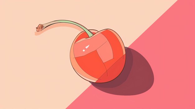 Photo a simple illustration of a cherry the cherry is red and has a green stem it is set against a pink and peach background