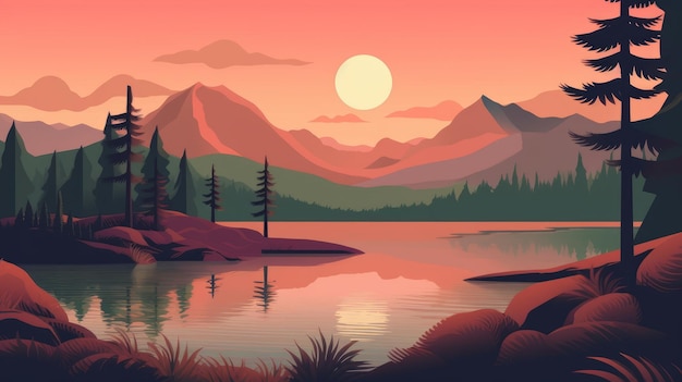 Simple Illustration Of Dune Scene With Mountains And Lake