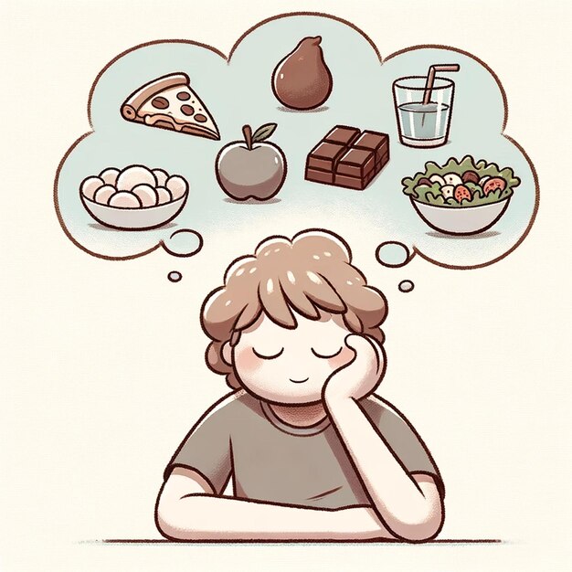 A simple illustration of a person with thought bubbles symbolizing cravings and body cue