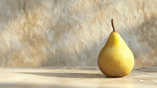 Photo a simple image of a pear sitting on a table the pear is in focus and the background is blurred the pear is yellow and has a brown stem