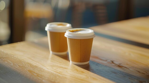 Photo simple image of two coffee cups on a wooden table suitable for cafe or kitchen themes