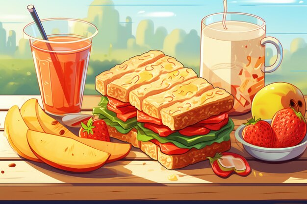 Foto un'immagine semplice e invitante di un panino e frutta assortita posizionata su un tavolo di legno perfetta per illustrare scene di picnic di alimentazione sana o blog alimentari