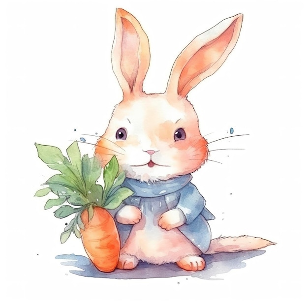 Simple Kawaii cute pretty rabbit carrotsheet of parts watercolor white background generat ai