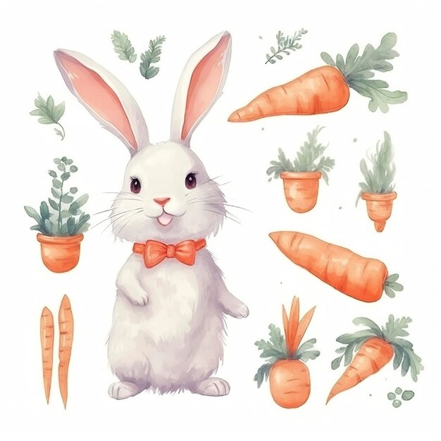 Simple Kawaii cute pretty rabbit carrotsheet of parts watercolor white background generat ai