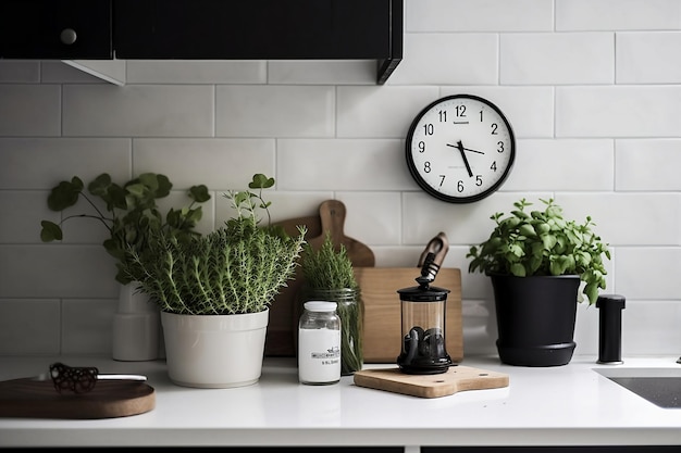 simple kitchen interior with small plant a few cookbooks and a clock