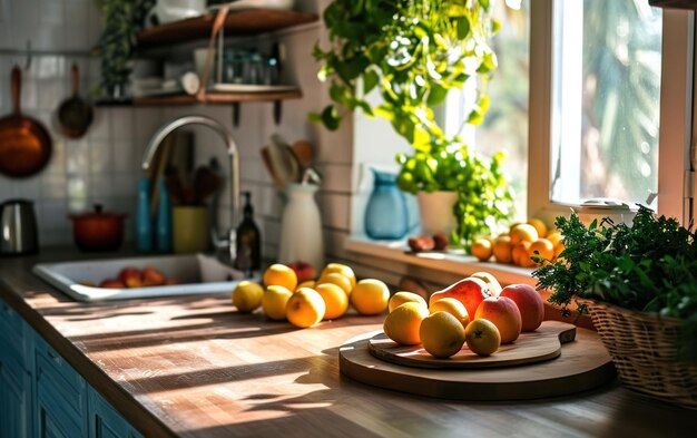 Photo simple kitchen with fresh fruits encouraging a healthfocused morning routine