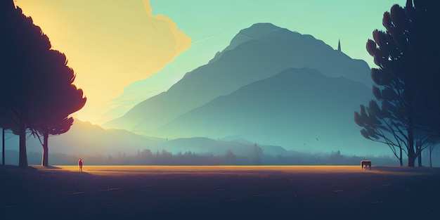 Simple landscape illustration, field, mountains and bright sky