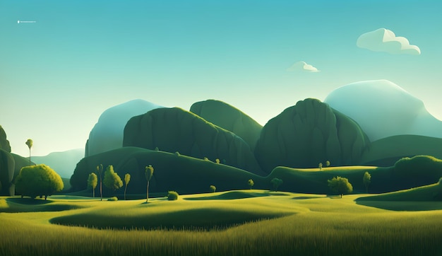 シンプルな風景イラスト、野原と山と明るい空