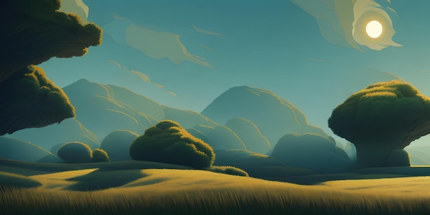 Simple landscape illustration, field, mountains and bright sky