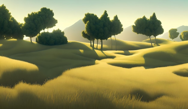 シンプルな風景イラスト、緑の野原と木々、明るい空を背景に