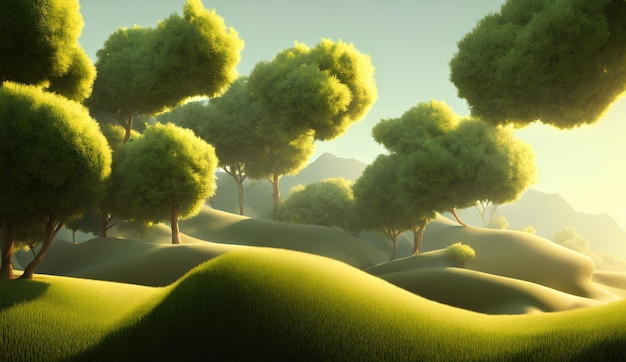 간단한 풍경 그림, 녹색 들판과 나무, 배경의 밝은 하늘