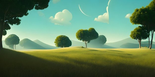 Simple landscape illustration, a green field and trees, and a bright sky in the background