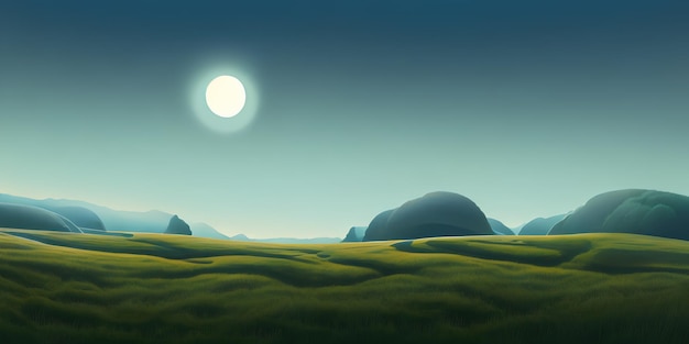 Simple landscape illustration, a green field and trees, and a bright sky in the background