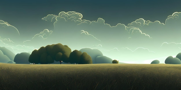 Simple landscape illustration, a green field and trees, and a bright sky in the background