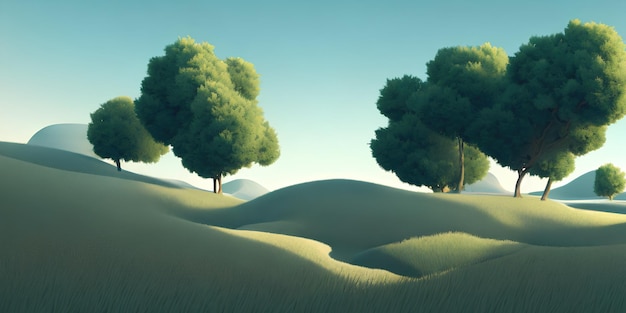 Simple landscape illustration, a green field and trees, and a bright sky in the background