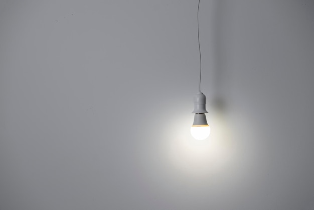 A simple light bulb hanging near the wall at home