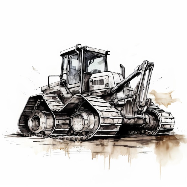 Simple Line Art Bulldozer On White Background