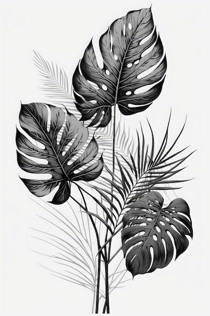 Photo simple line art drawing of tropical leaves, white background