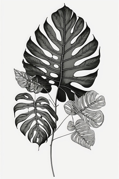 Photo simple line art drawing of tropical leaves, white background