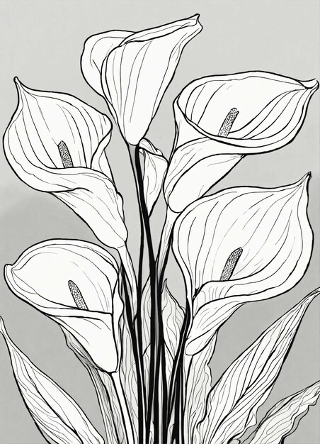 사진 간단한 라인 아트 손으로 <unk>꽃 꽃을 휘티 배경에 그립니다.