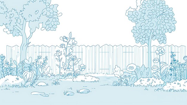 A simple line drawing of a backyard with a tree flowers and a fence The backyard is full of life