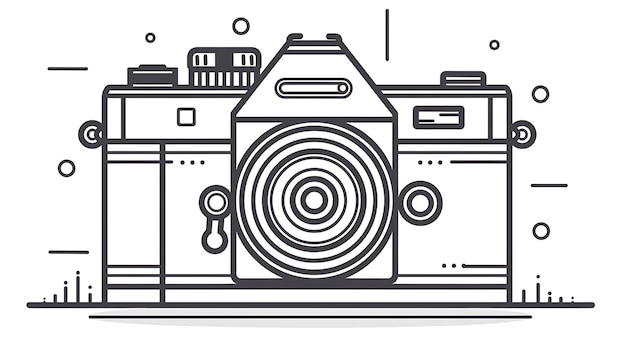 Photo a simple line drawing of a camera the camera has a large lens and a viewfinder it is black and white