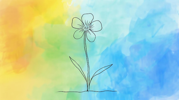 Simple line drawing of a flower in front of a watercolor background The flower has five petals and a long stem with two leaves