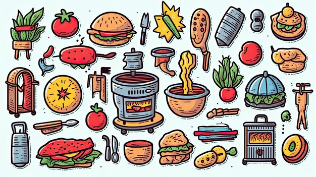 Photo simple line work illustrations in color bbq theme