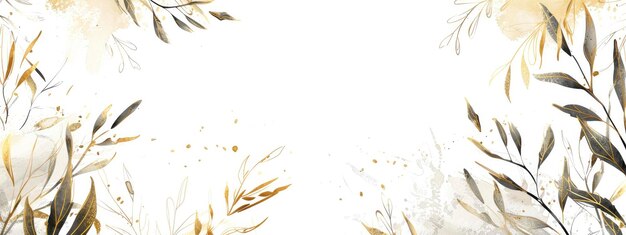 Photo simple lines a background with willow branches and leaves light gold and dark gray colors watercolor white space at the top of the frame new year elements brush strokes