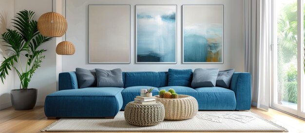 The simple living room features a white wicker rug and a blue sofa