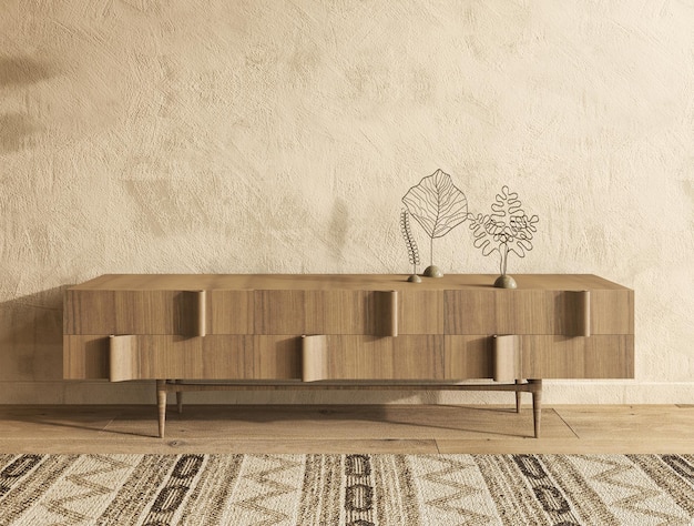 Simple minimal Nomadic style interior design 3d render living room high quality 3d illustration